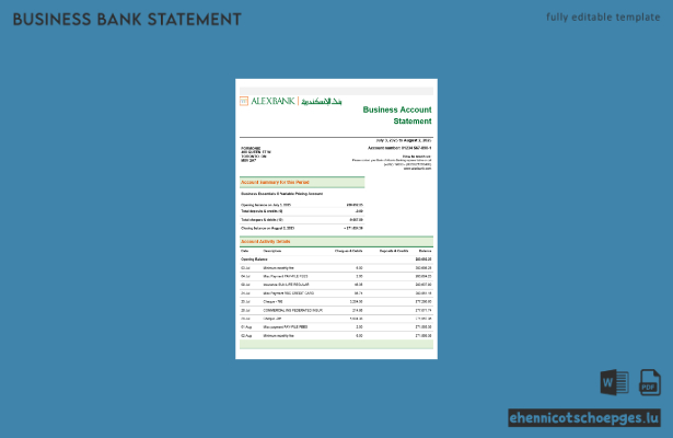 Alex Bank-Firmenkontoauszug im Word- und PDF-Format – Beispielvorschau